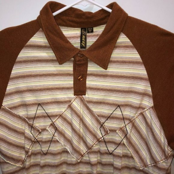 Reef Mens XL Brown Striped Short Sleeve Polo Shirt - Picture 2 of 8